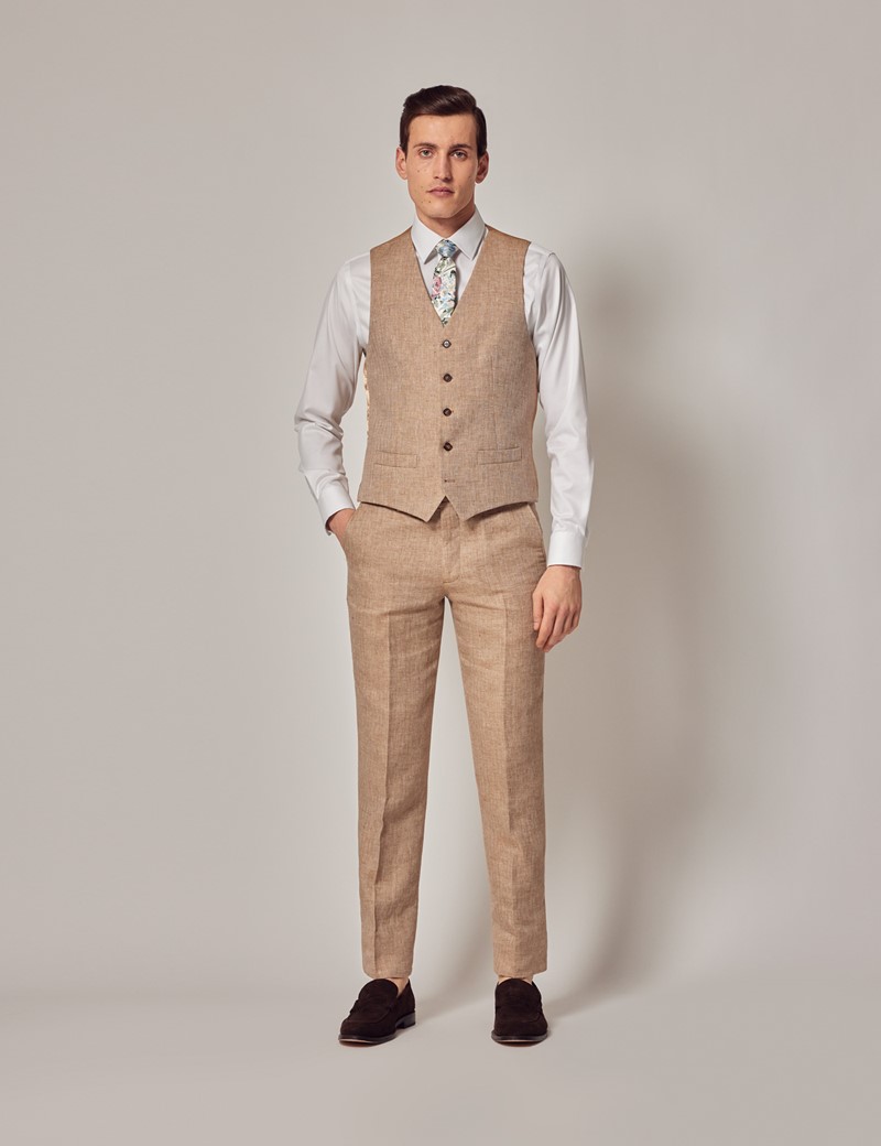 Men's Beige Linen Herringbone Tailored Italian Vest – 1913 Collection