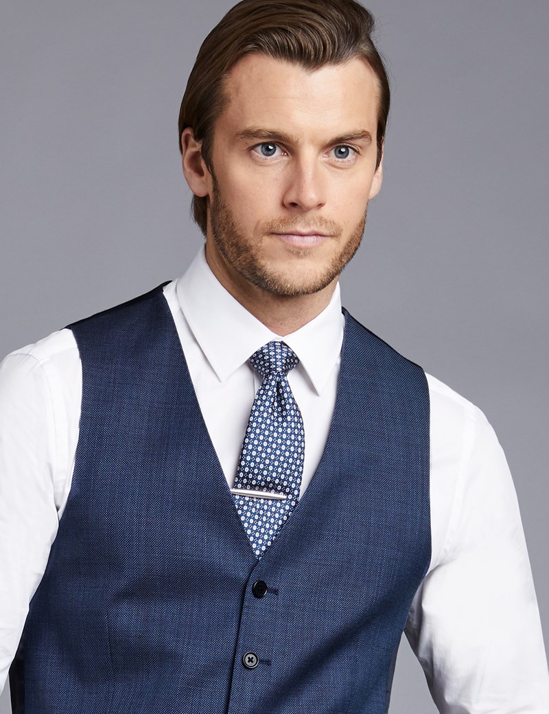 Men's Mid Blue Birdseye Slim Fit Waistcoat