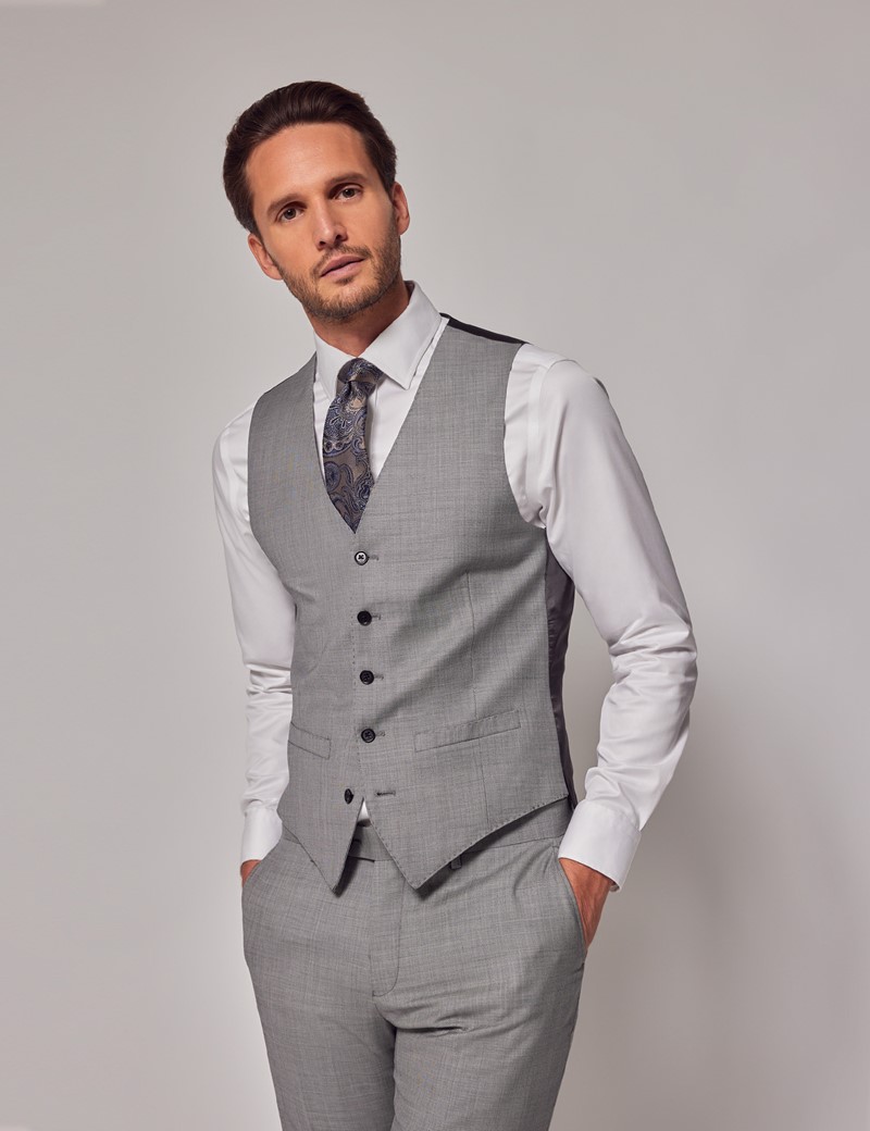 Men's Light Grey Twill Slim Fit Suit Vest - 120s Wool