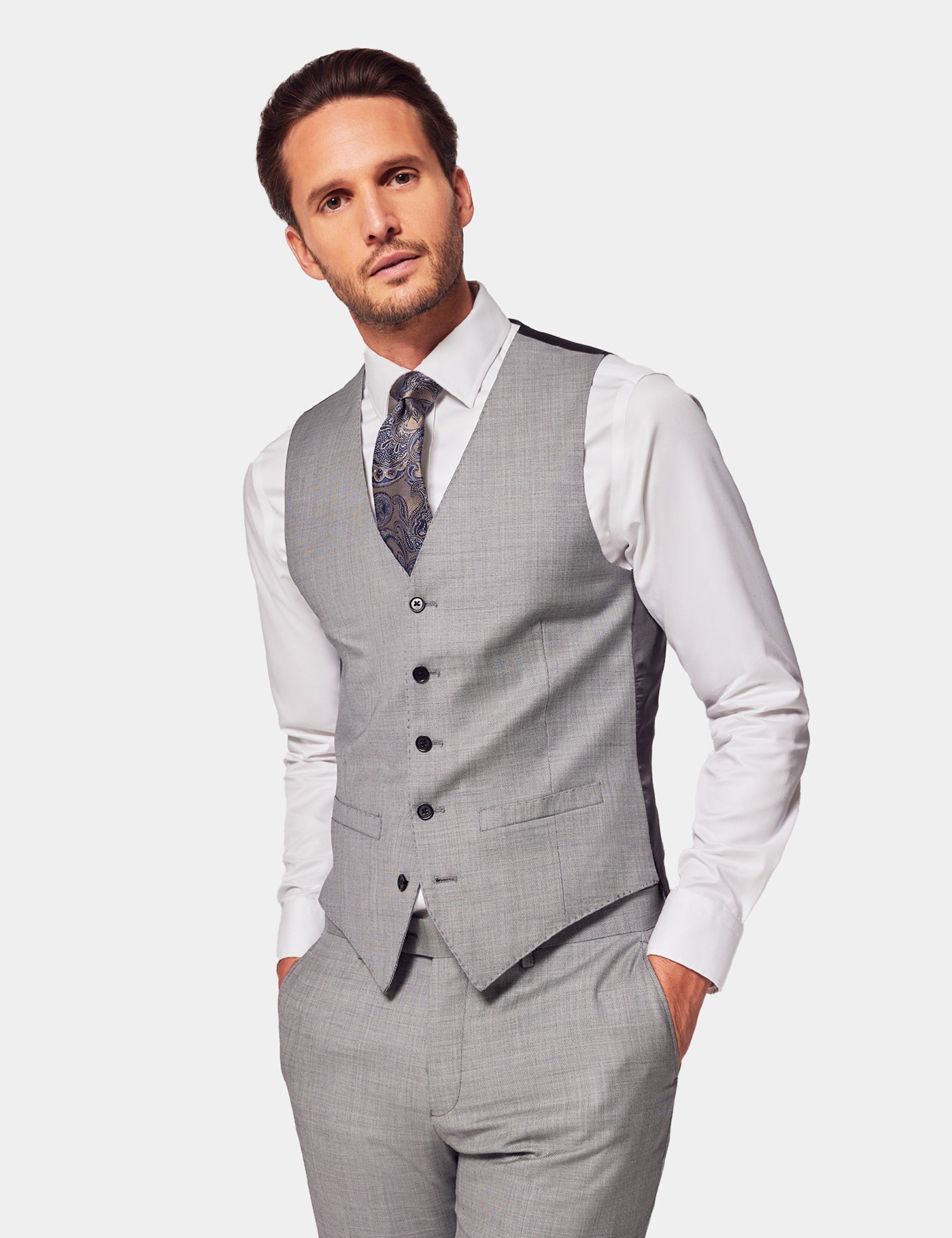 & Slim Fit Light Grey Twill Waistcoat reg
