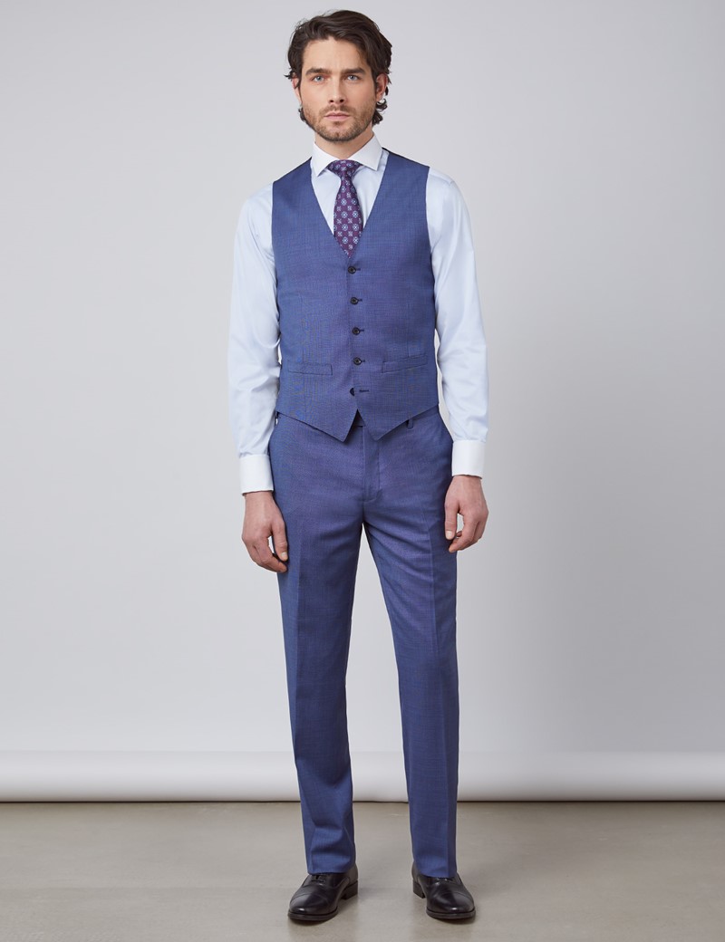 Men's Blue Pin Dot Semi Plain Slim Fit Vest