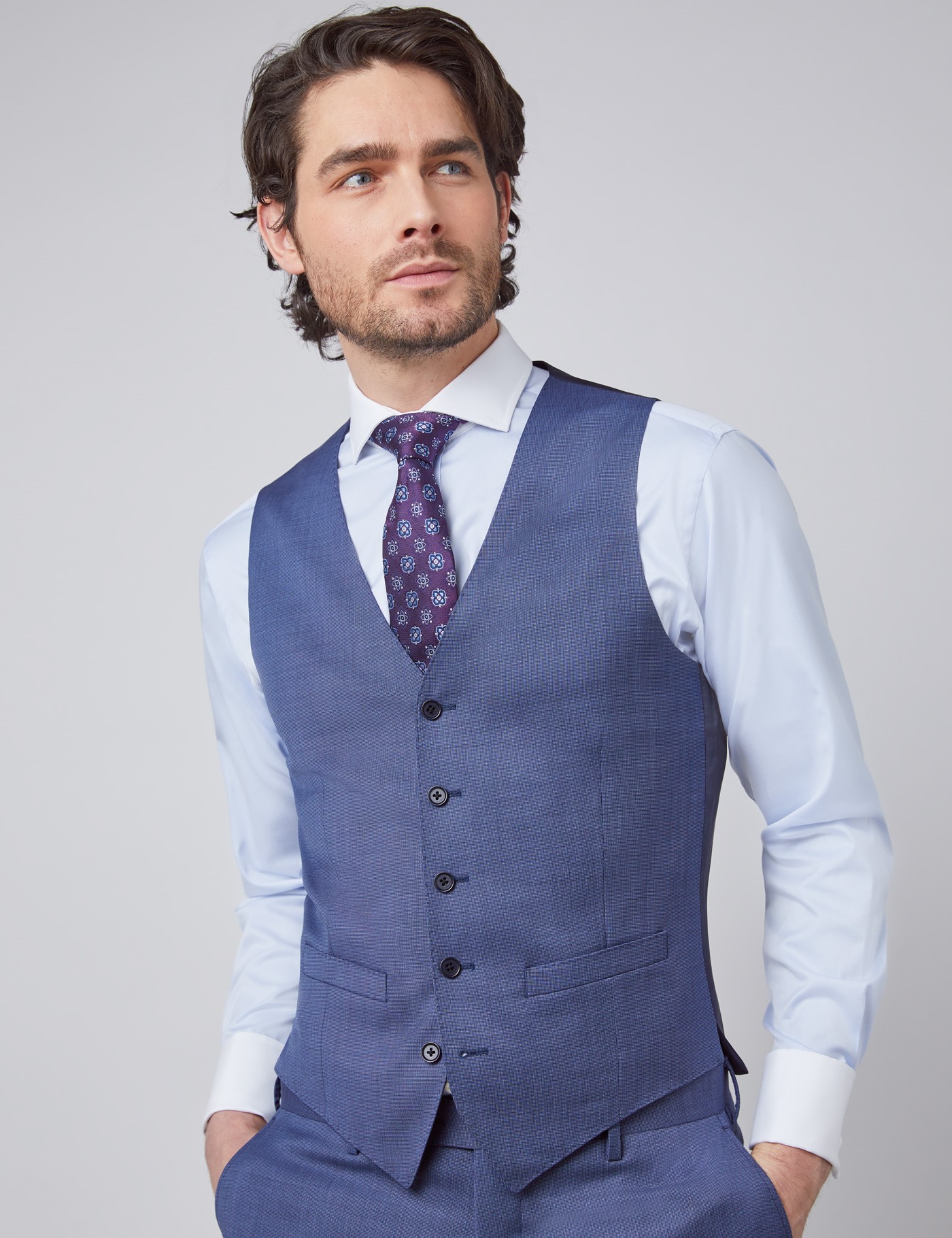 Men's Blue Pin Dot Semi Plain Slim Fit Waistcoat | Hawes & Curtis