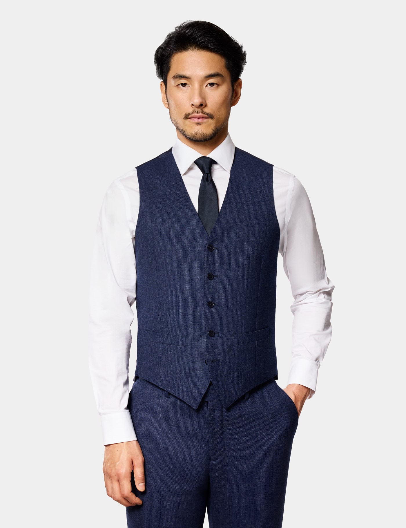 & Slim Fit Dark Blue Birdseye Waistcoat reg