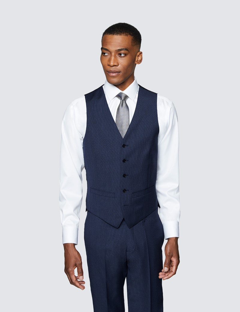 Men's Blue Semi Plain Zigzag Slim Fit Waistcoat