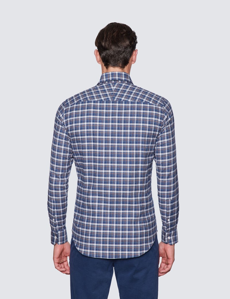 Navy & Brown Check Flannel Shirt With Button Down Collar