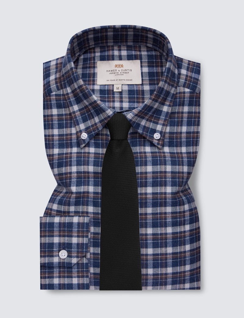 Navy & Brown Check Flannel Shirt With Button Down Collar 