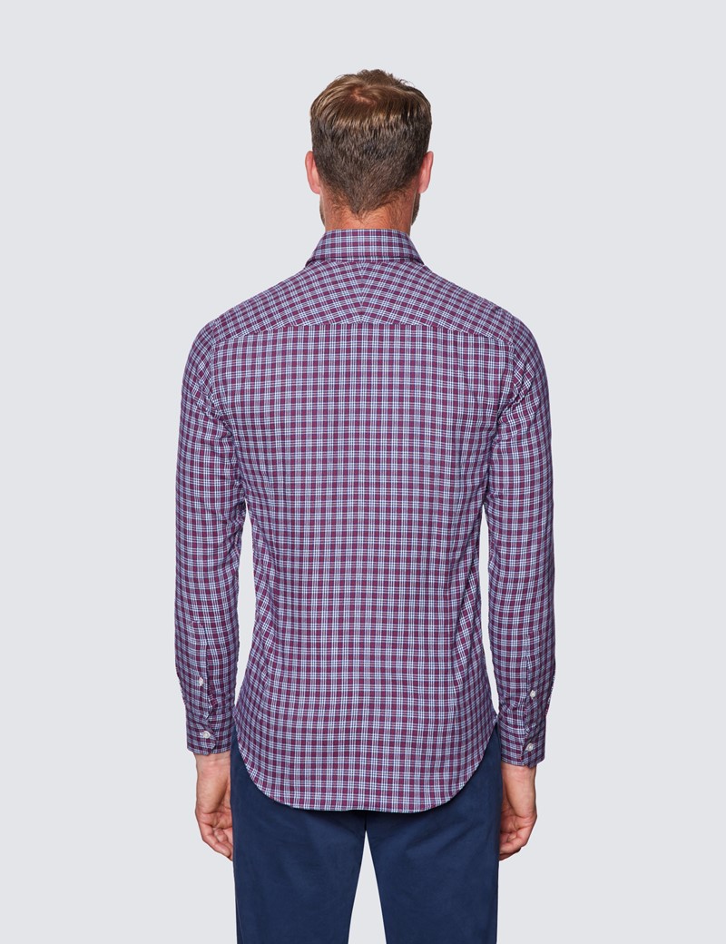 Burgundy & White Check Flannel Shirt With Button Down Collar 