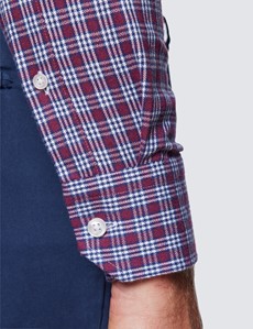 Burgundy & White Check Flannel Shirt With Button Down Collar 