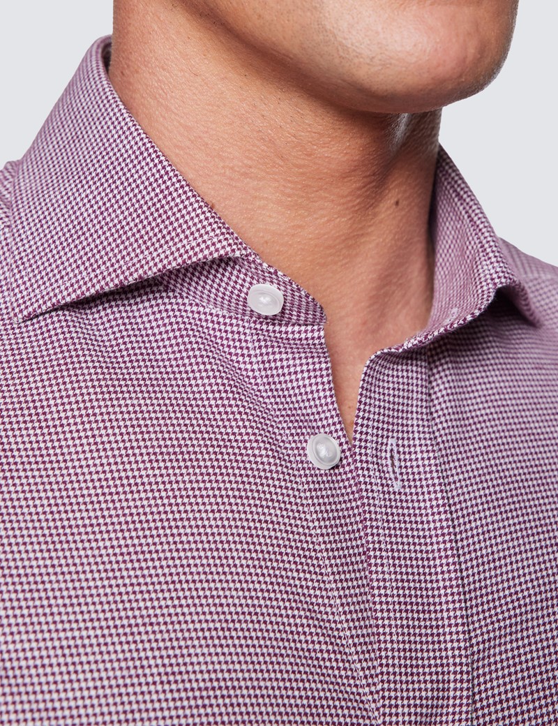 Burgundy & White Dogtooth Flannel Shirt With Full Cutaway Collar 