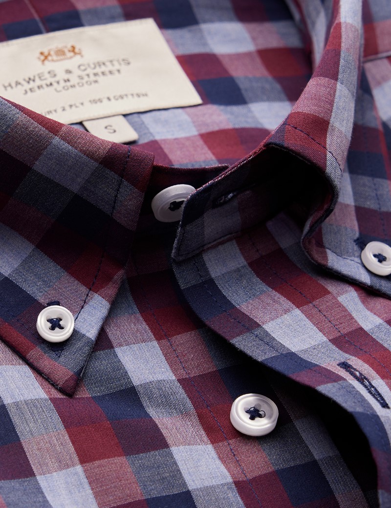 Easy Iron Navy & Wine Multi Check Relaxed Slim Fit Shirt - Single Cuffs