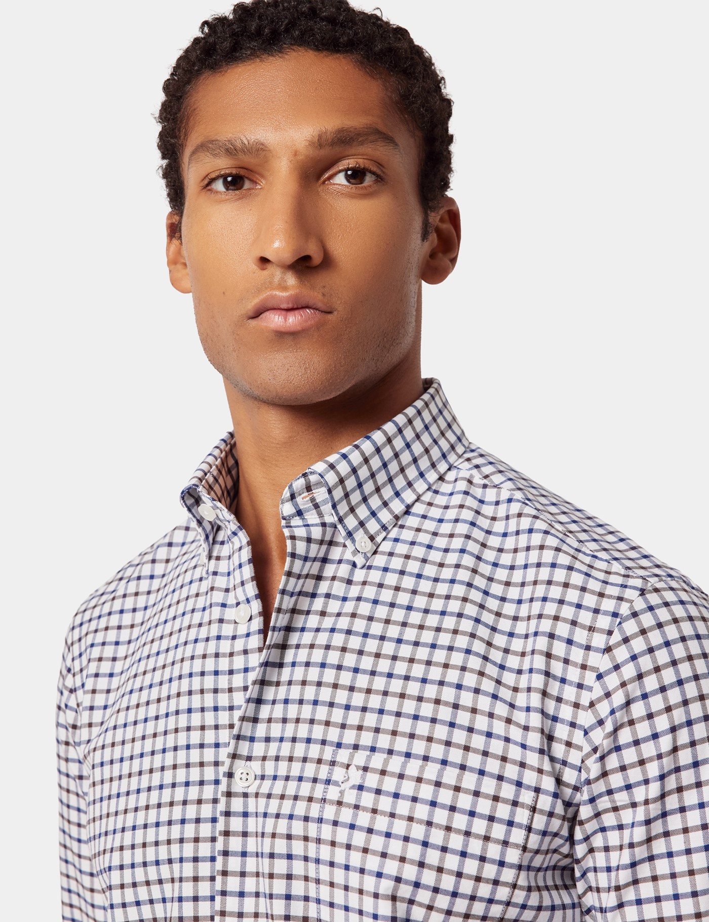 Hawes & Curtis Regular Fit Brown & Navy Check Washed Oxford Shirt Size: Large image 3
