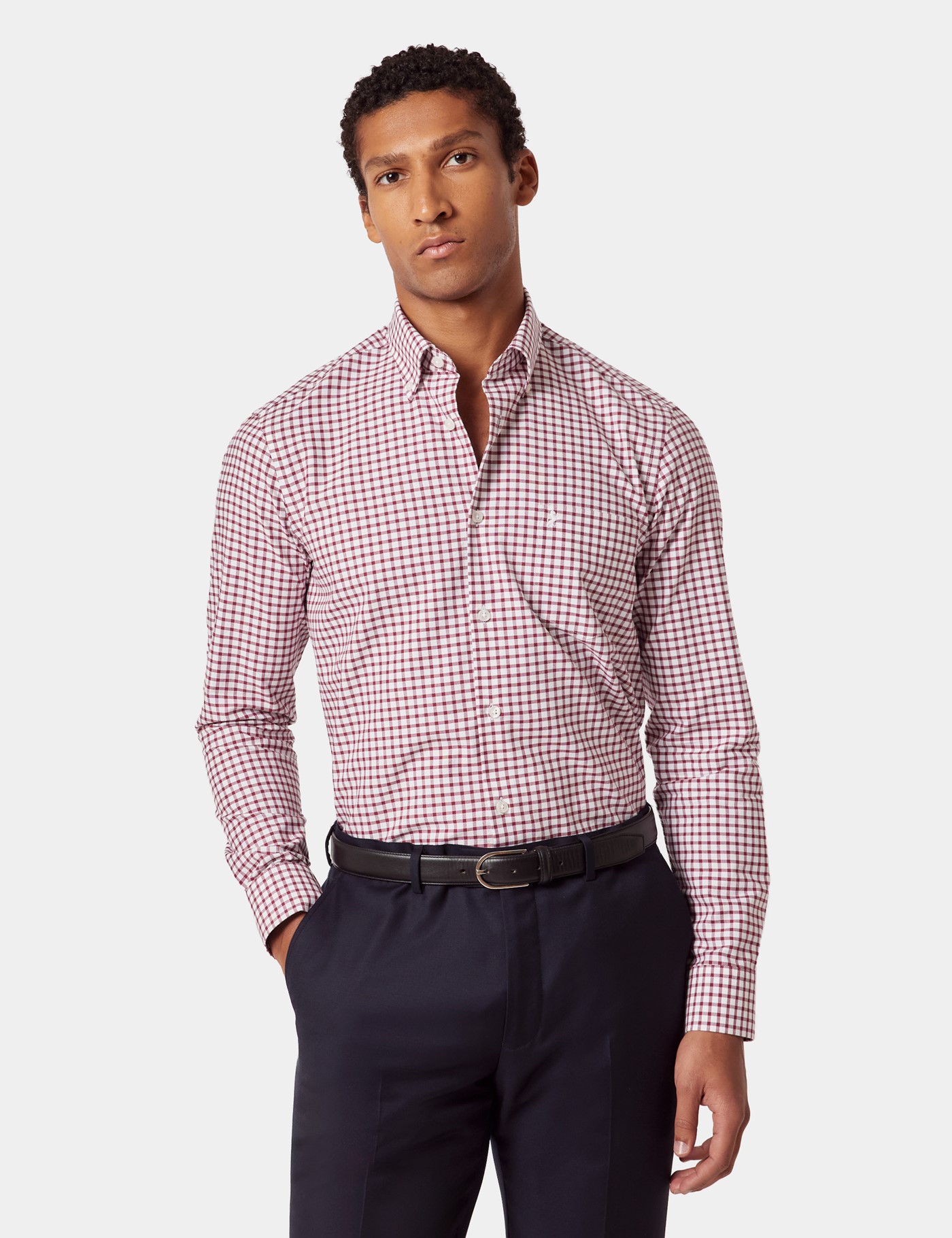& Regular Fit Burgundy & Grid Check Pin Point Washed Oxford Shirt