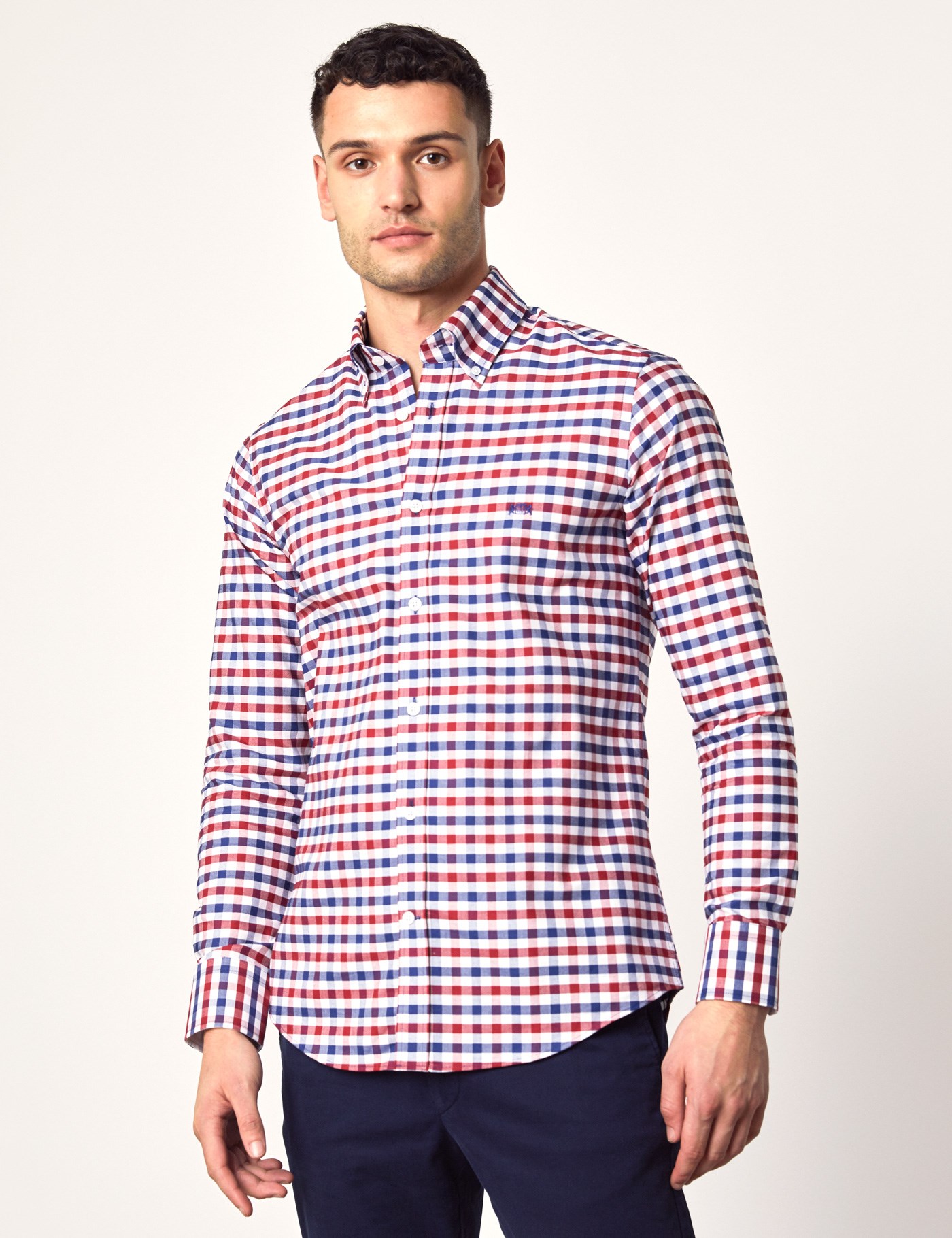 Men's Navy & Red Grid Check Slim Fit Shirt - Single Cuff | Hawes & Curtis