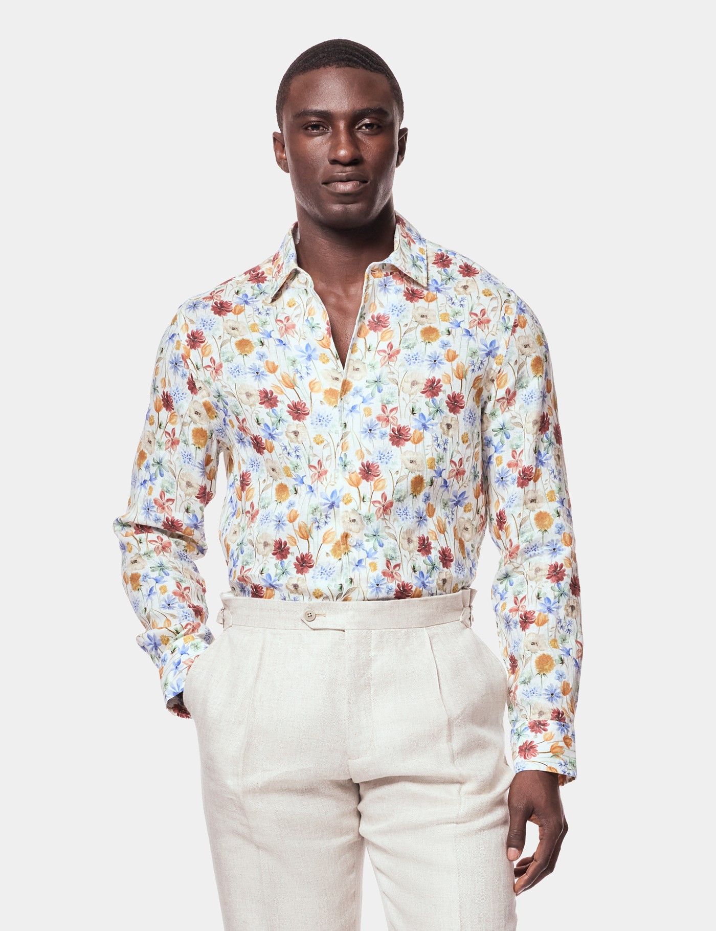 Hawes & Curtis Blue & Orange Floral Linen Shirt Size: Small