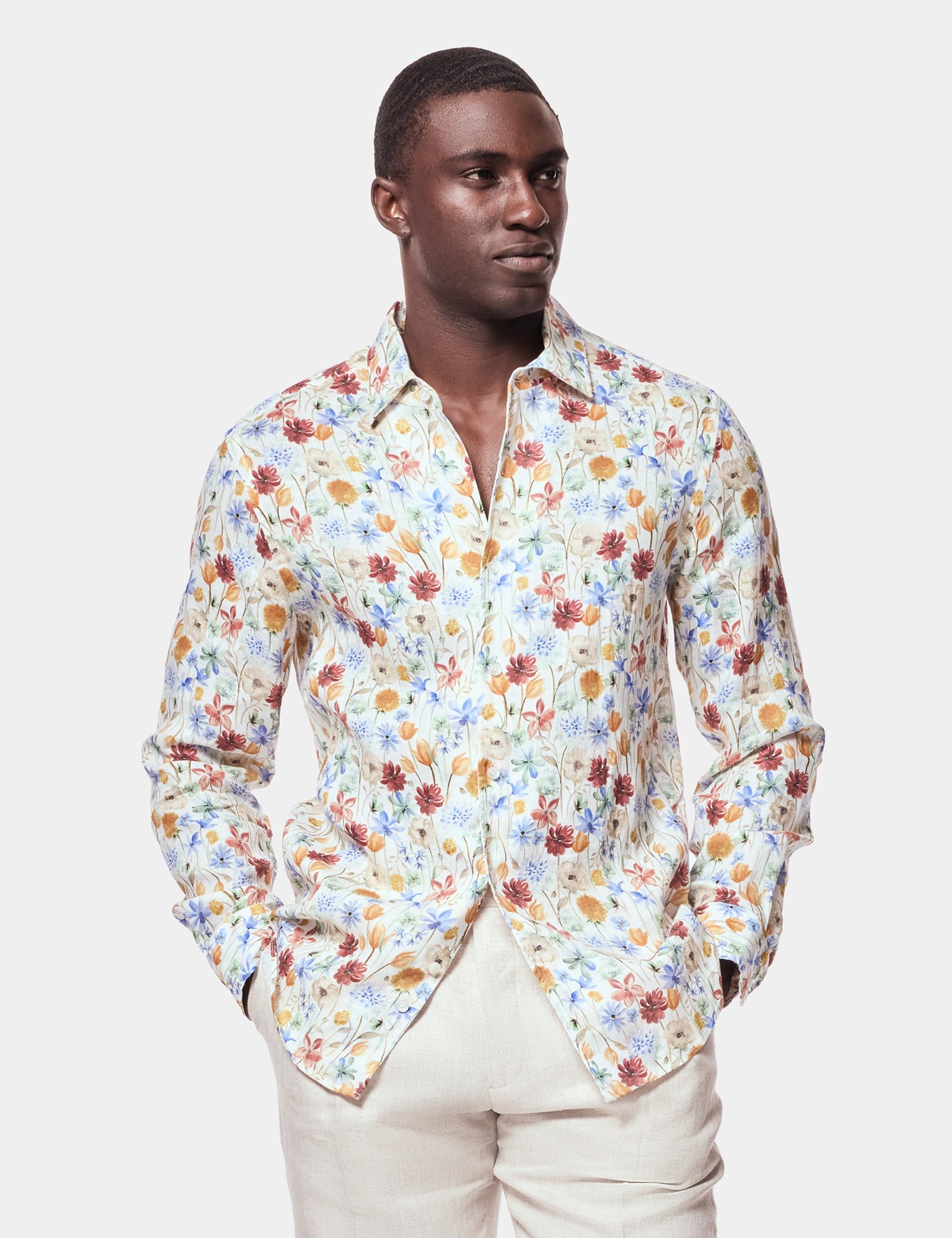 Hawes & Curtis Blue & Orange Floral Linen Shirt Size: Small image 3