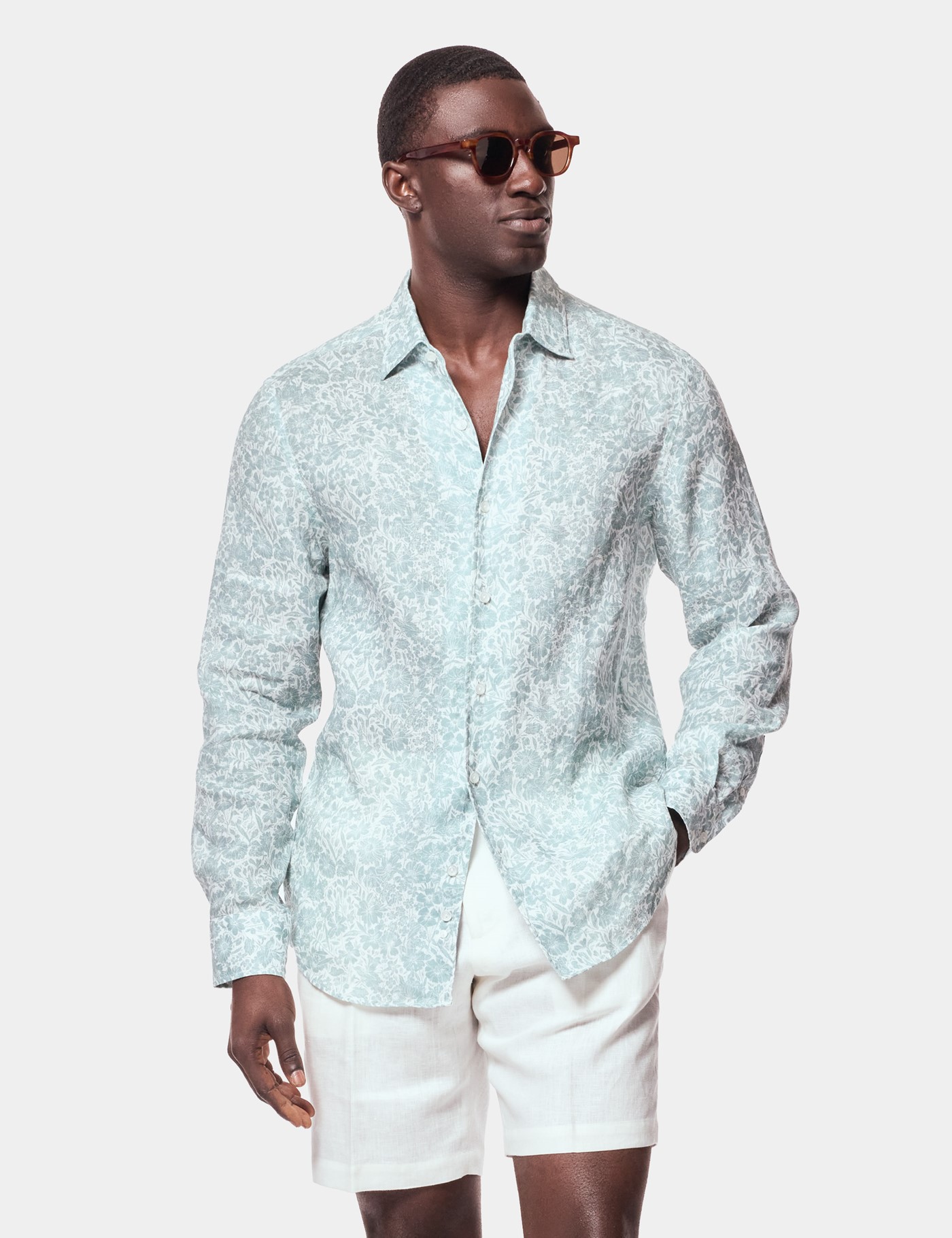 Hawes & Curtis Green & White Floral Linen Shirt Size: Small