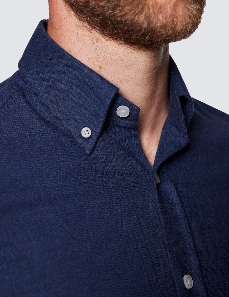 Navy Brushed Cotton Flannel Shirt With Button Down Collar 
