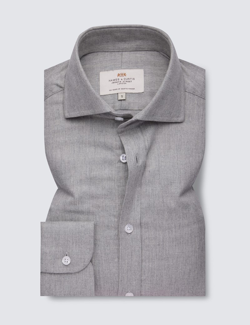 Grey Brushed Cotton Flannel Shirt With Full Cutaway Collar 