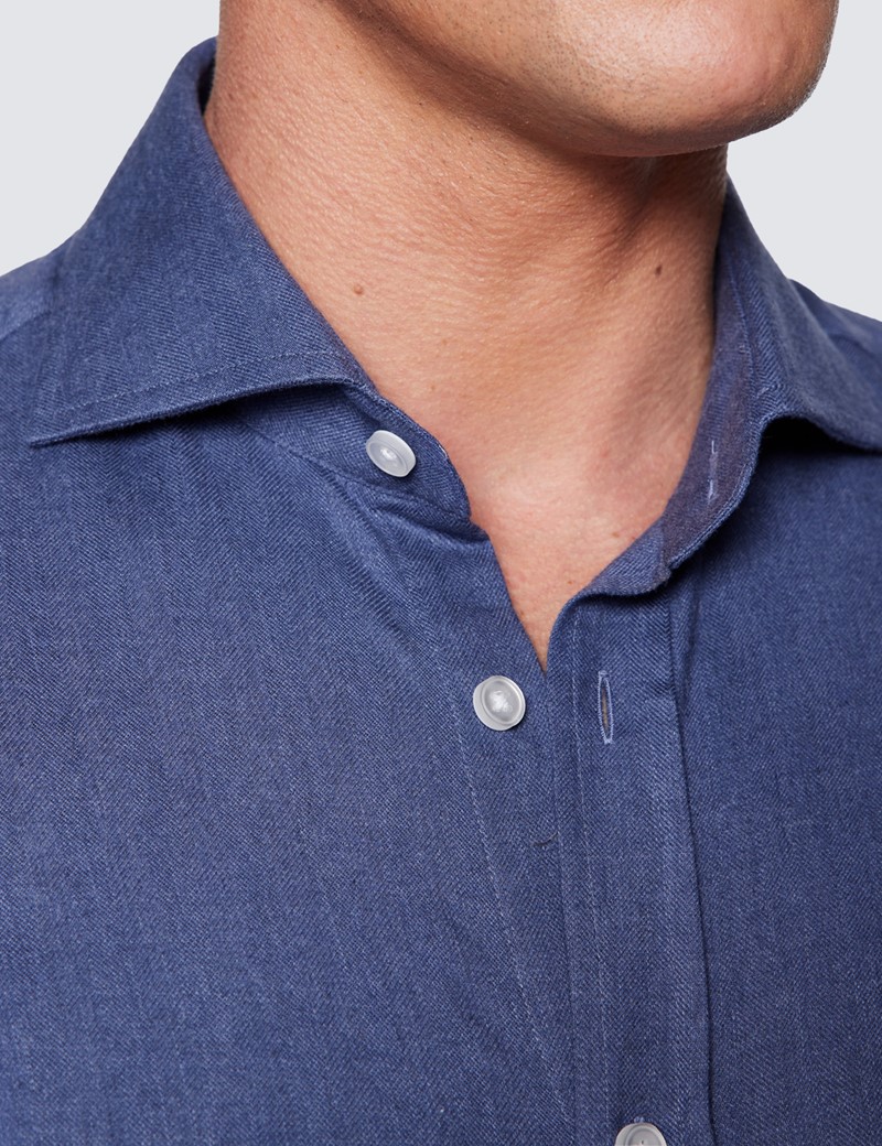 Denim Brushed Cotton Flannel Shirt With Full Cutaway Collar