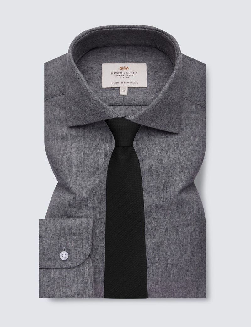 Dark Grey Brushed Cotton Flannel Shirt With Full Cutaway Collar 