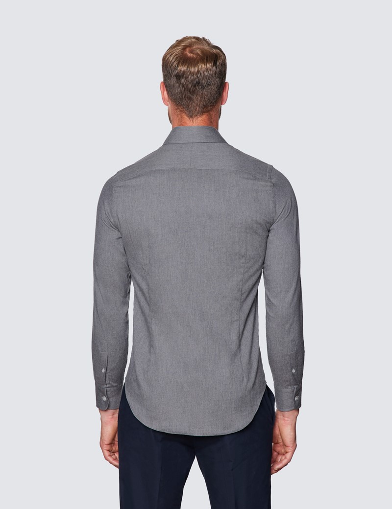 Dark Grey Brushed Cotton Flannel Shirt With Full Cutaway Collar