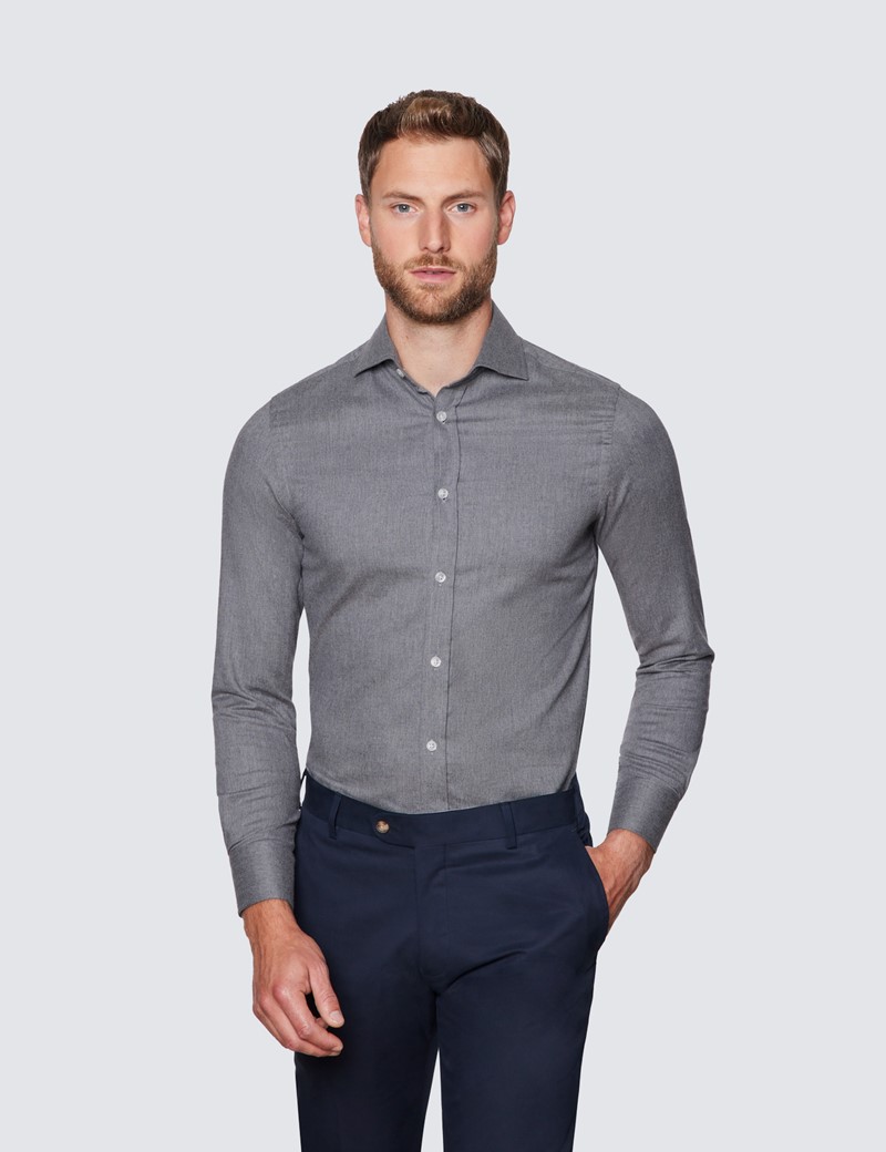 Dark Grey Brushed Cotton Flannel Shirt With Full Cutaway Collar 