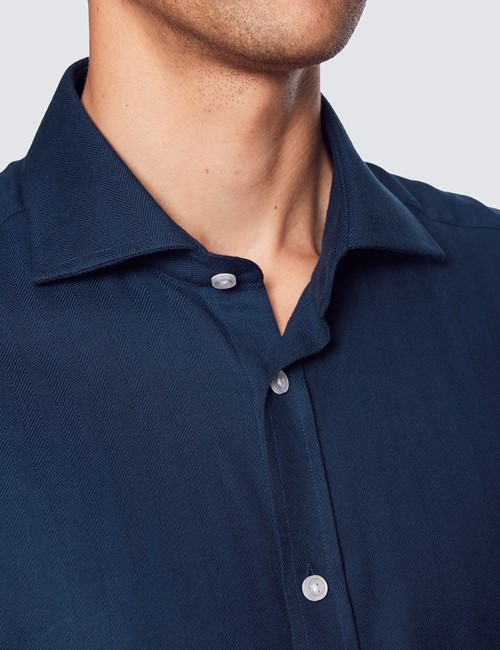 Navy Brushed Cotton Herringbone Shirt With Full Cutaway Collar