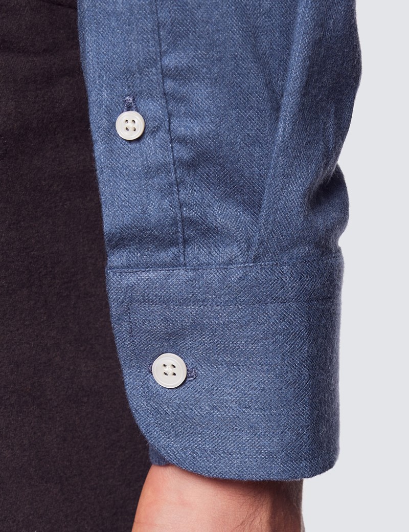 Dark Blue Brushed Cotton Shirt With Full Cutaway Collar