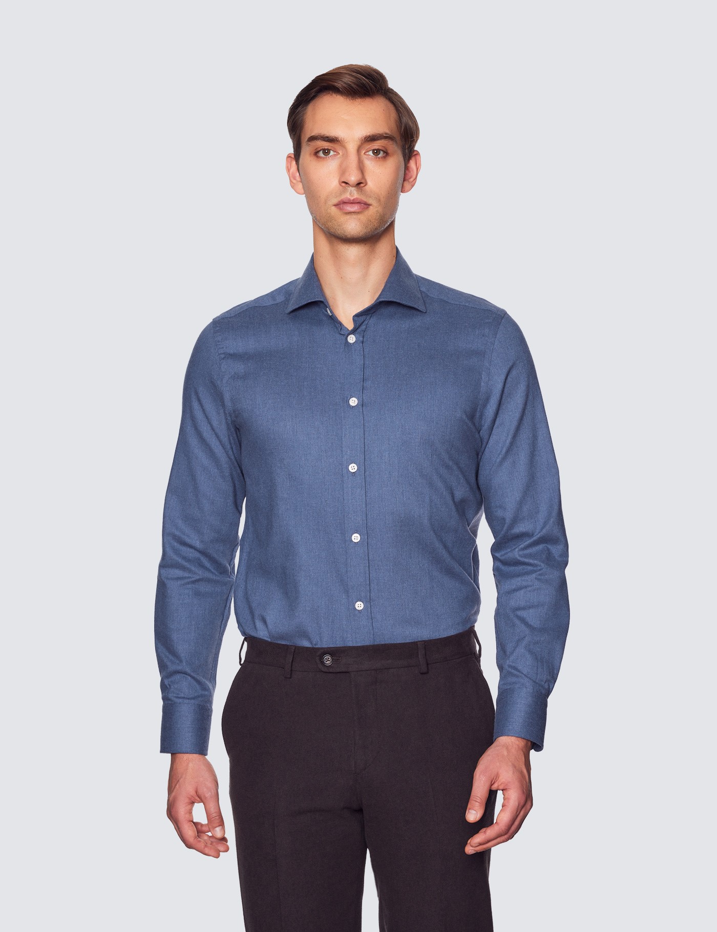 Dark Blue Brushed Cotton Shirt With Full Cutaway Collar | Hawes & Curtis