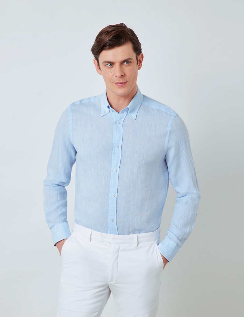 Light Blue Linen Relaxed Slim Fit Shirt 