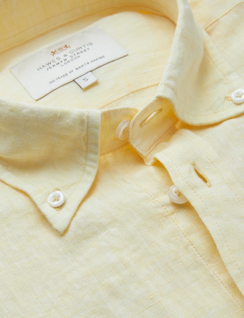 Men’s Yellow Linen Relaxed Slim Fit Shirt With Button Down Collar