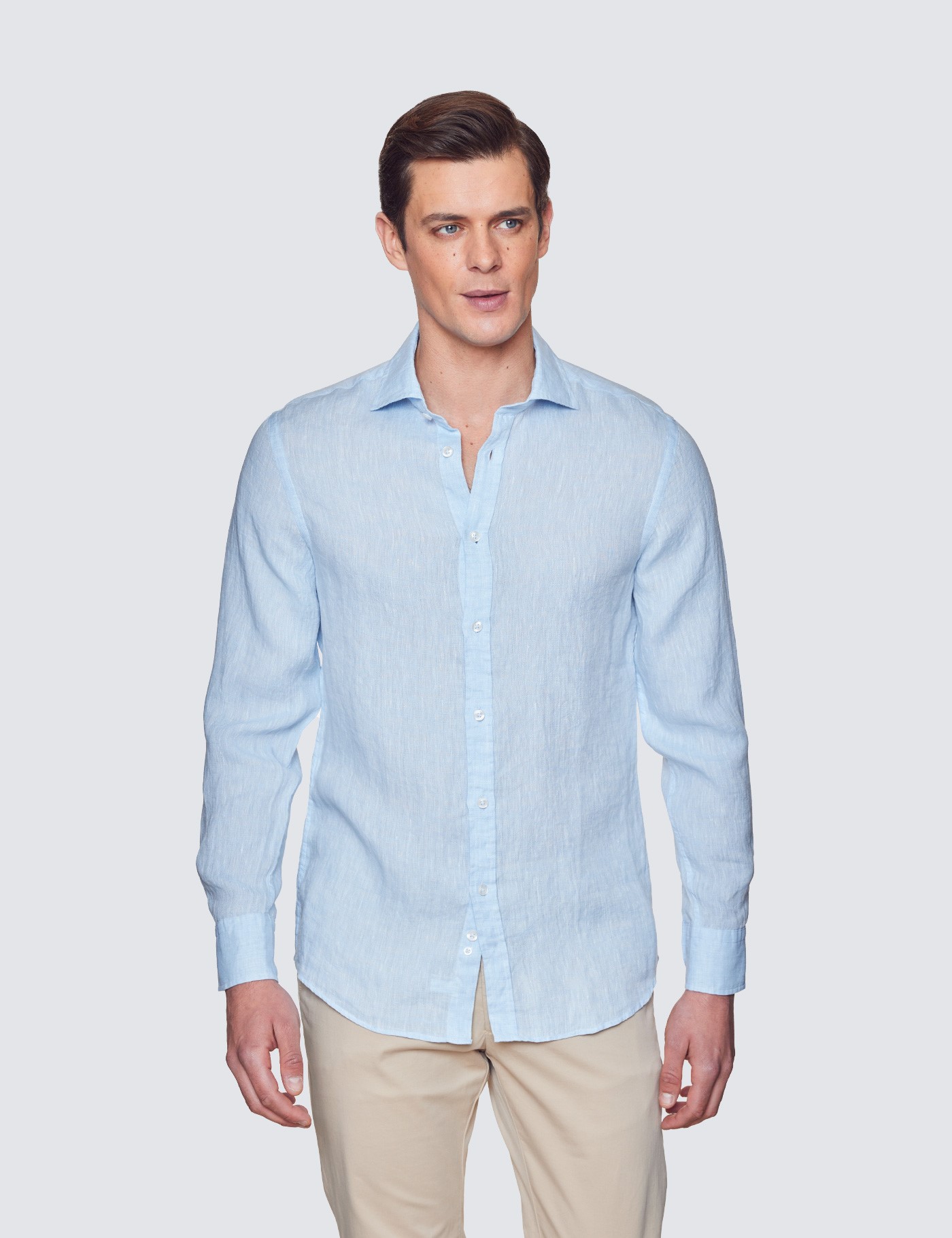 Men’s Light Blue Linen Relaxed Slim Fit Shirt With Full Cutaway Collar ...