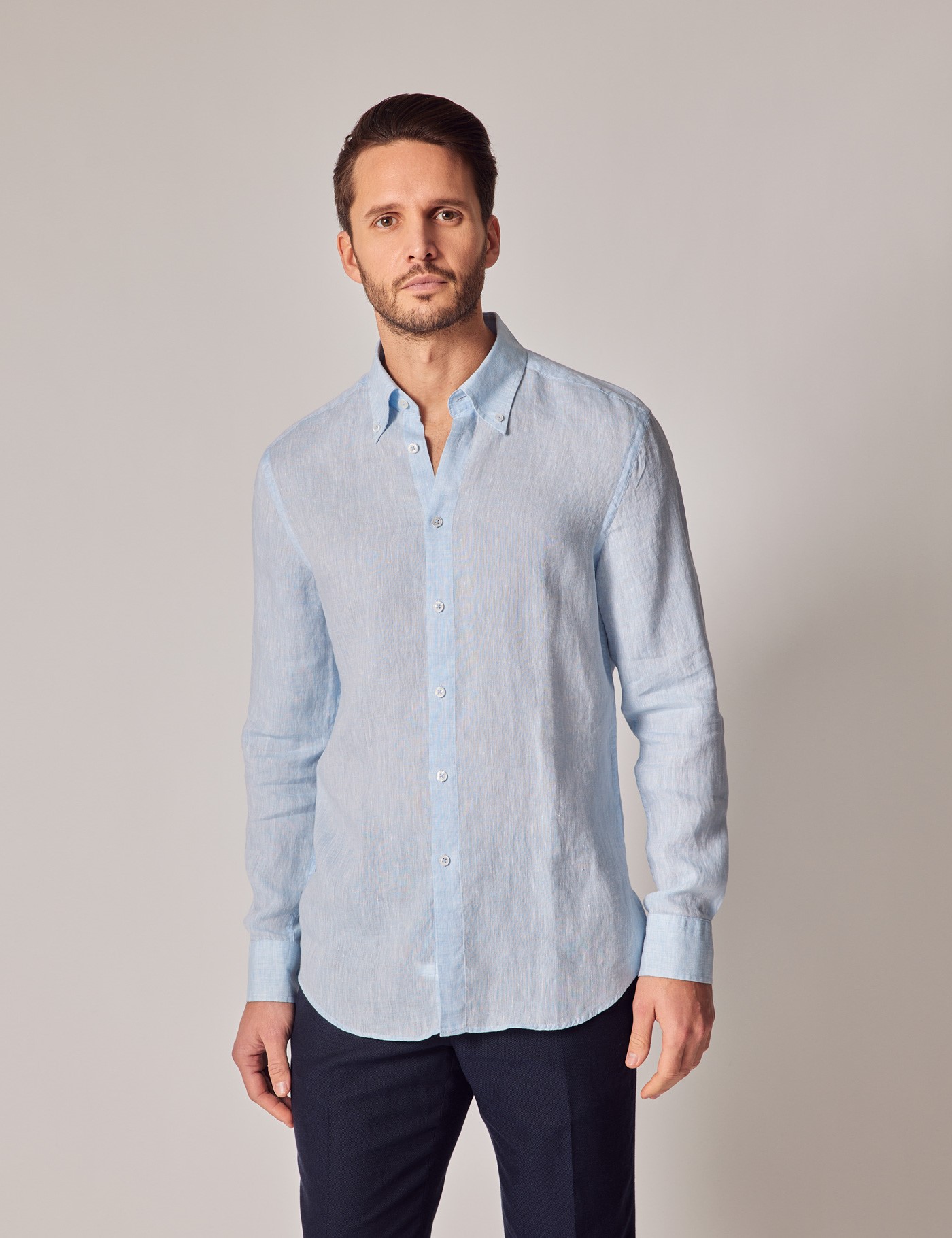 Men's Light Blue Linen Slim Shirt - Button Down Collar
