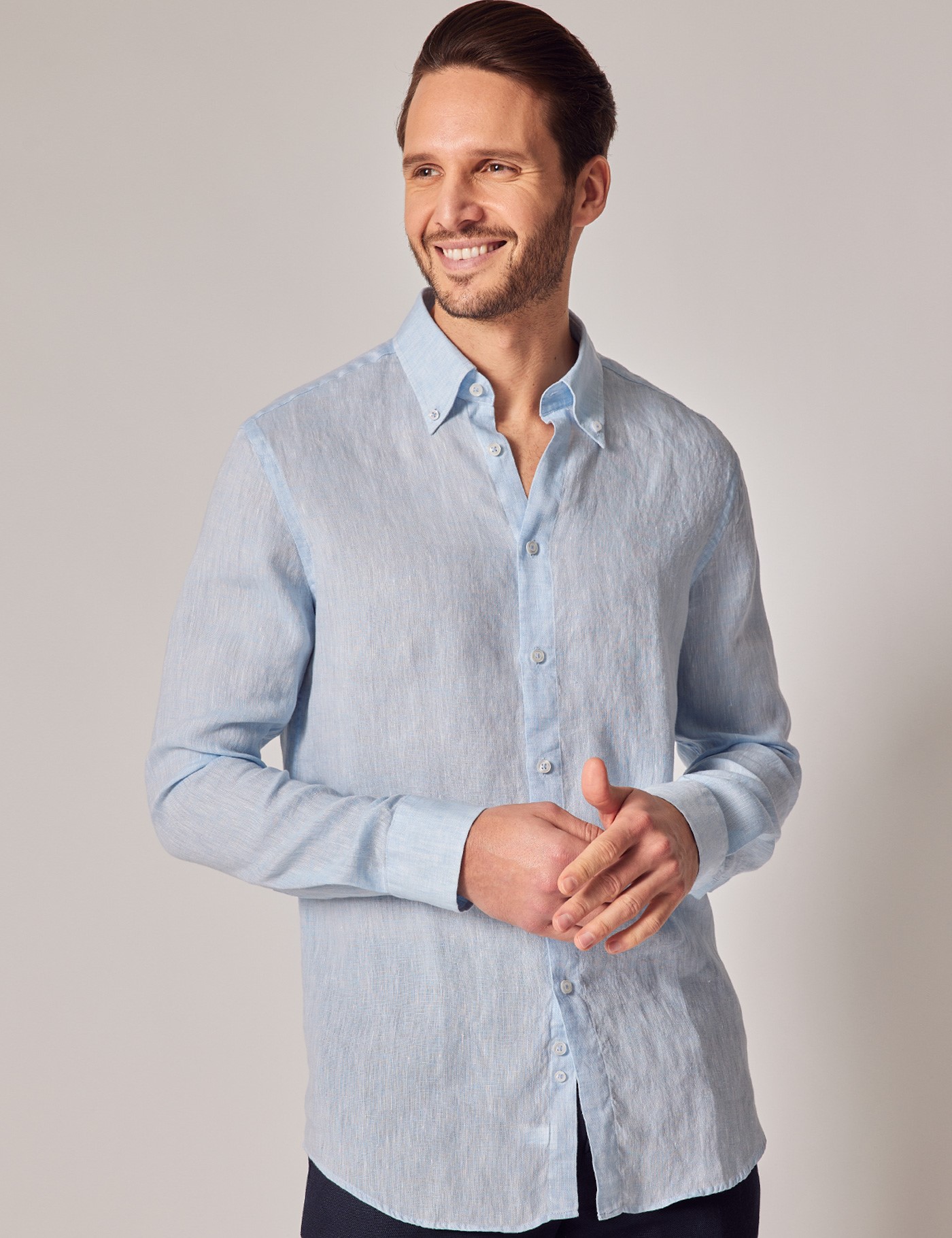 Men's Light Blue Linen Slim Shirt - Button Down Collar