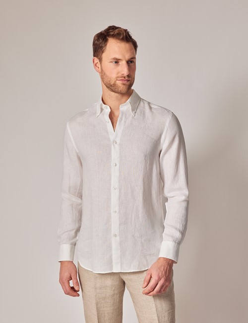 White Linen Slim Shirt - Button Down Collar
