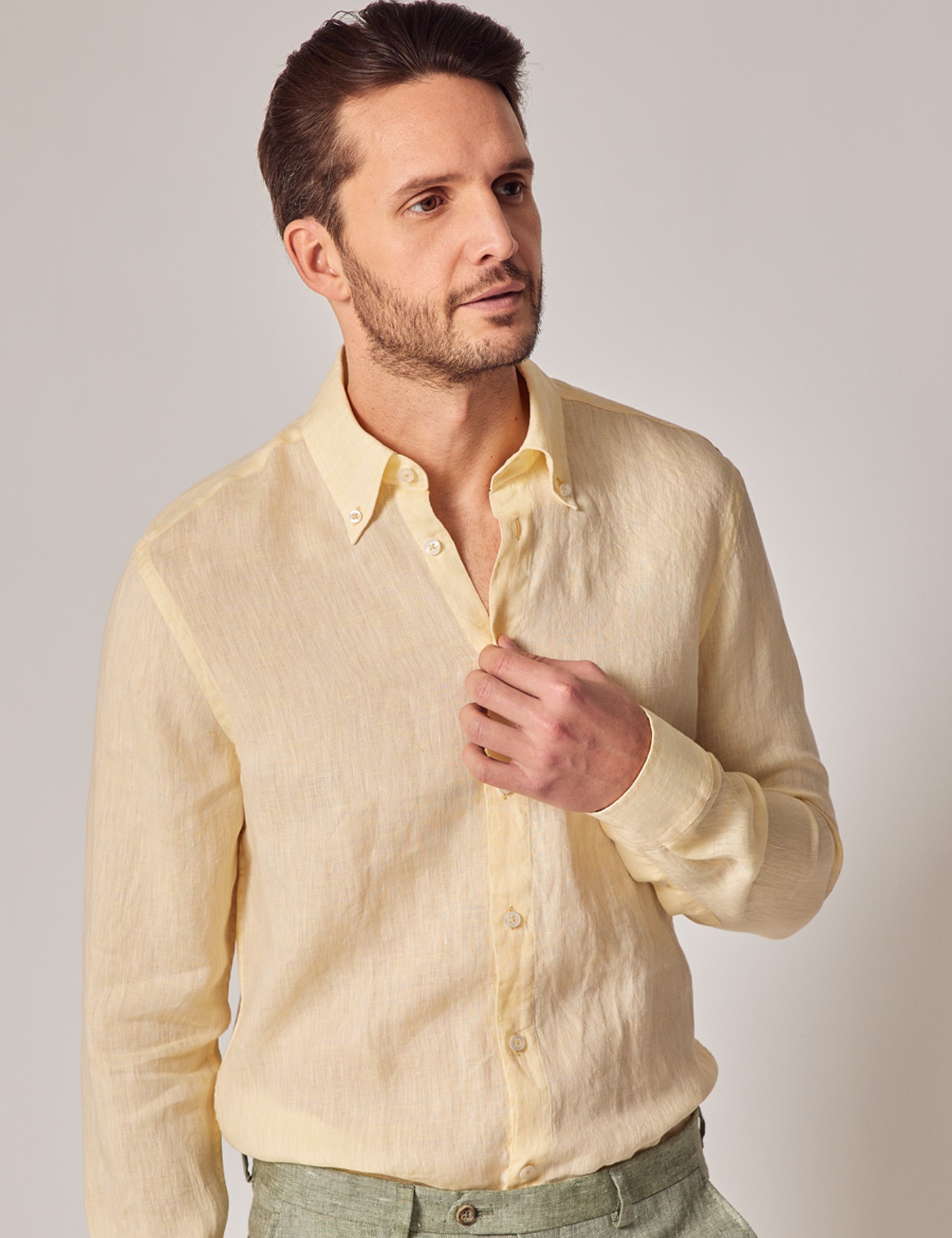 Men's Yellow Linen Slim Shirt Button Down Collar