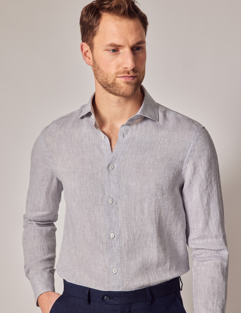 Men's Grey Linen Slim Shirt - Full Cutaway Collar