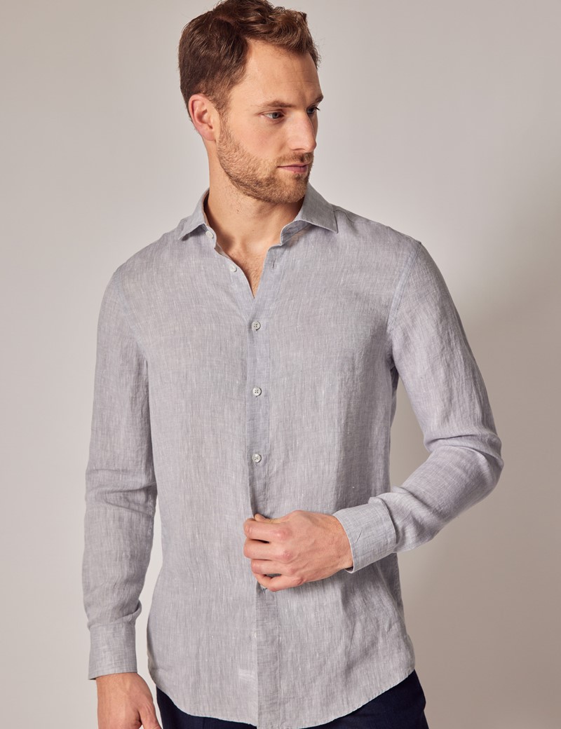 Men's Grey Linen Slim Shirt - Full Cutaway Collar