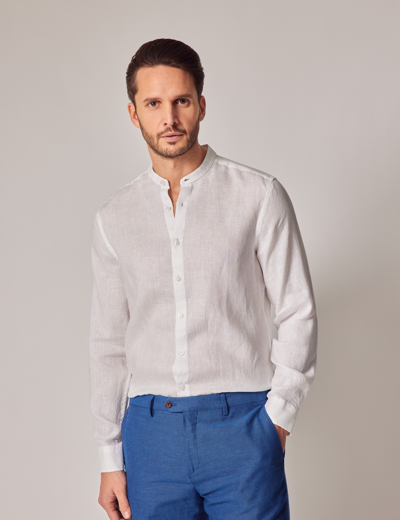 Men's White Collarless Linen Shirt