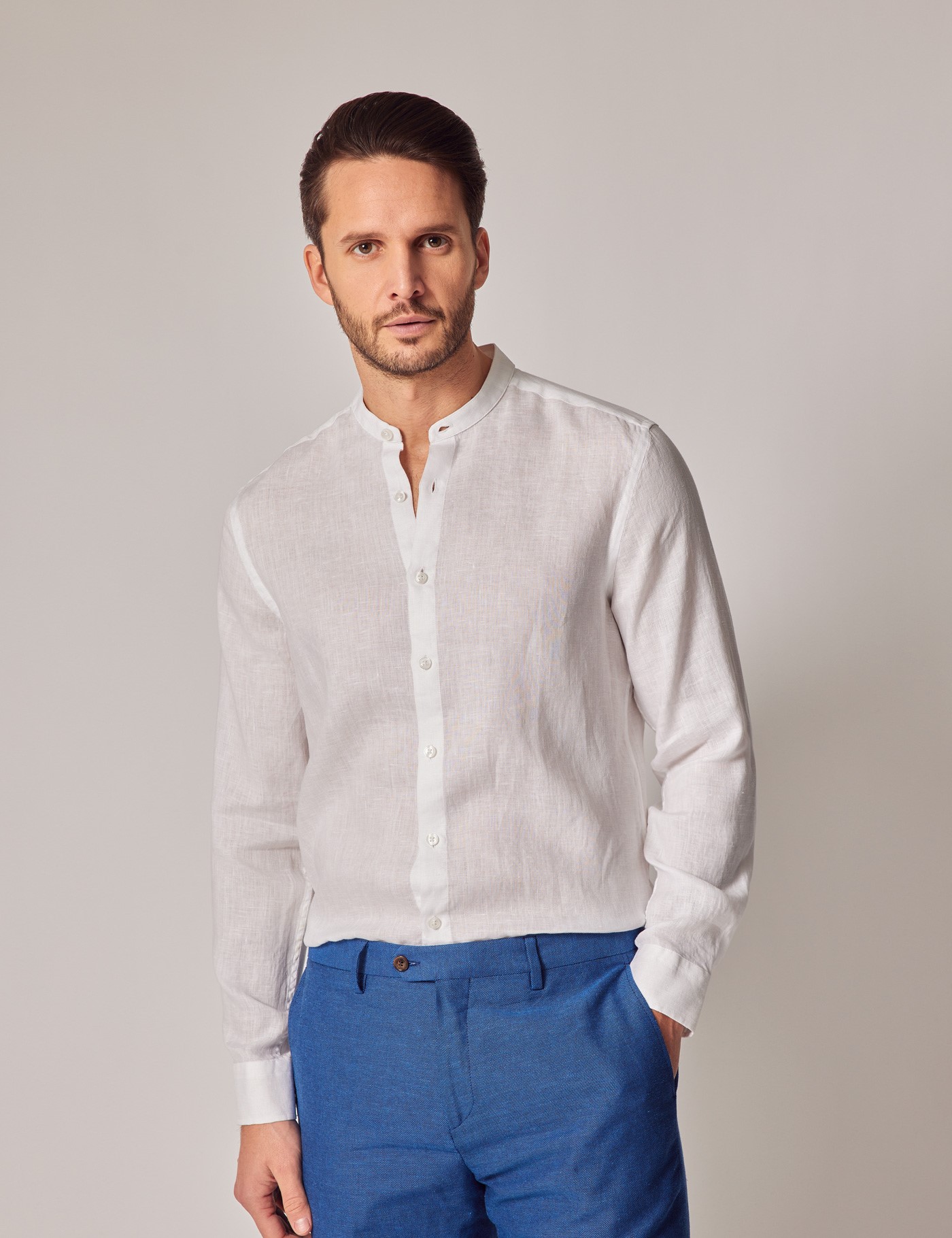 Men s White Collarless Linen Shirt Men s White Collarless Linen Shirt