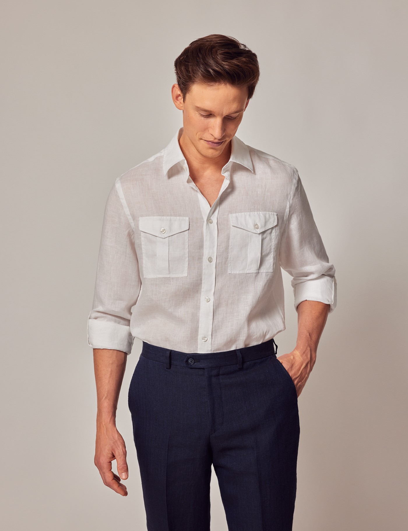 Men's White Linen Safari Shirt