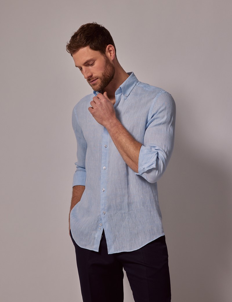 Men's Light Blue Linen Slim Shirt - Button Down Collar | Hawes & Curtis