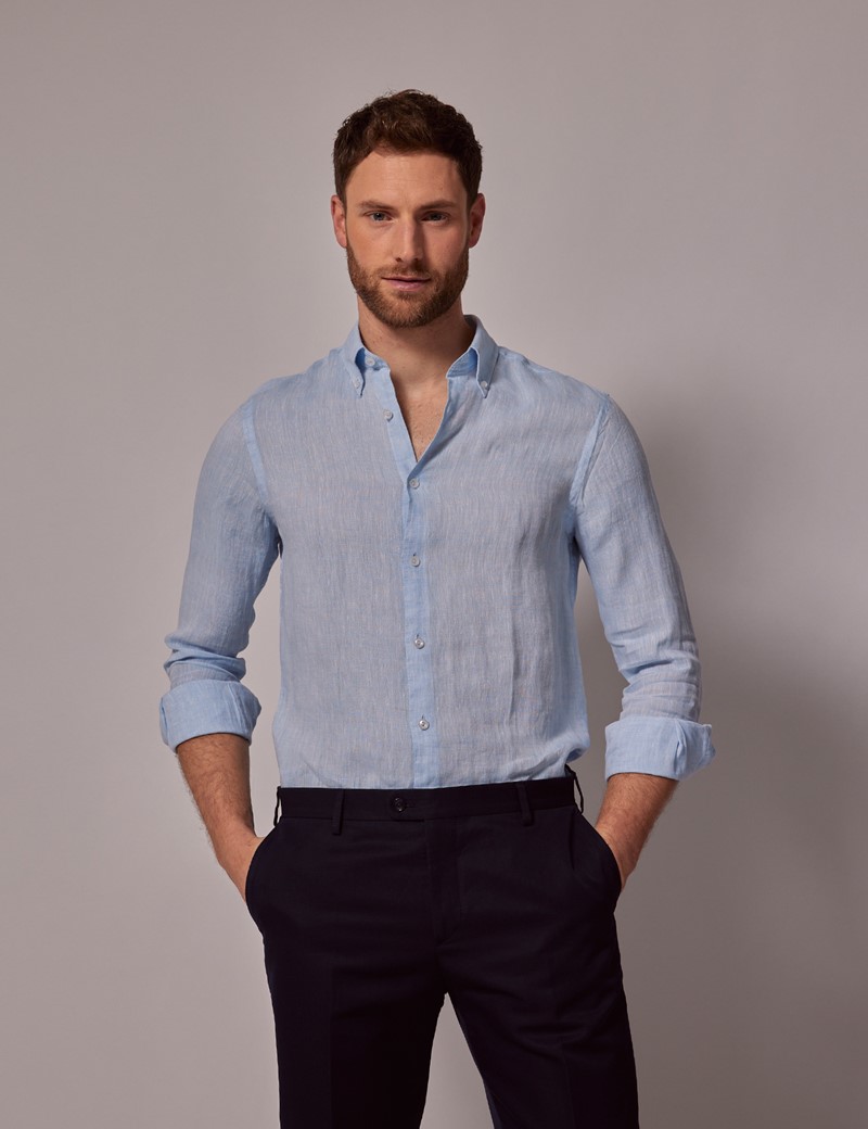 Men's Light Blue Linen Slim Shirt - Button Down Collar | Hawes & Curtis