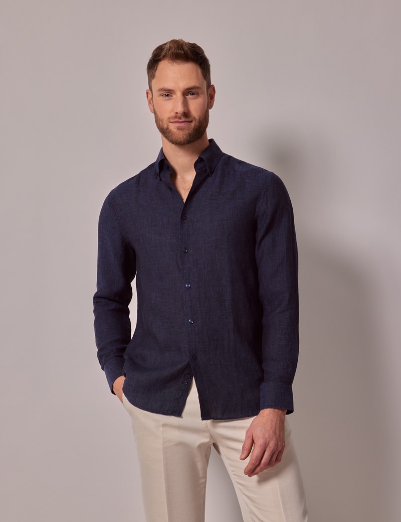 Men's Navy Linen Slim Shirt - Button Down Collar | Hawes & Curtis