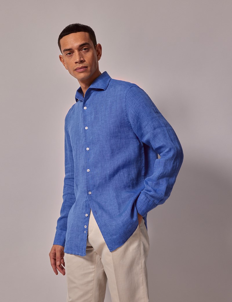 Men's Mid Blue Linen Slim Shirt - Full Cutaway Collar | Hawes & Curtis
