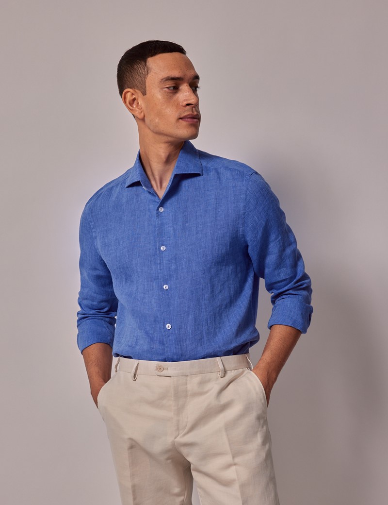 Men's Mid Blue Linen Slim Shirt - Full Cutaway Collar | Hawes & Curtis