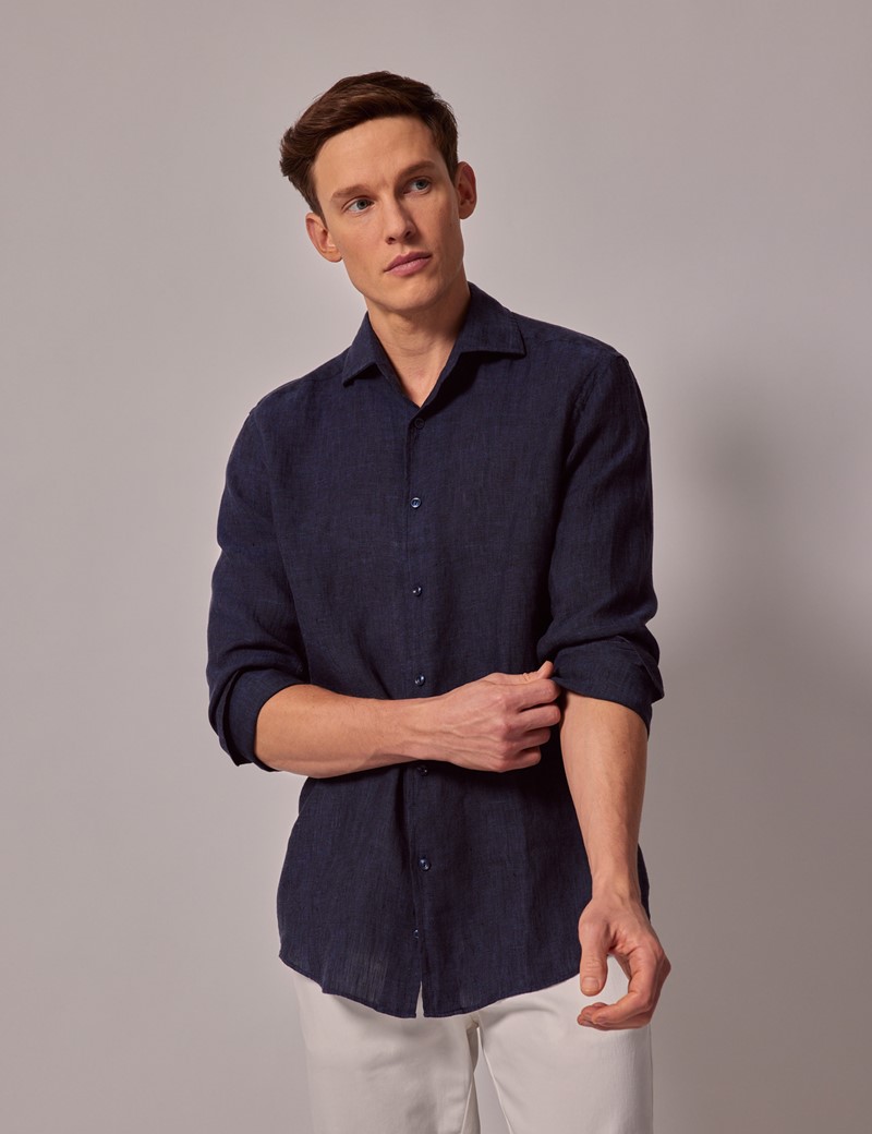 Men's Navy Linen Slim Shirt - Full Cutaway Collar | Hawes & Curtis