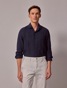 Navy Linen Slim Shirt - Full Cutaway Collar