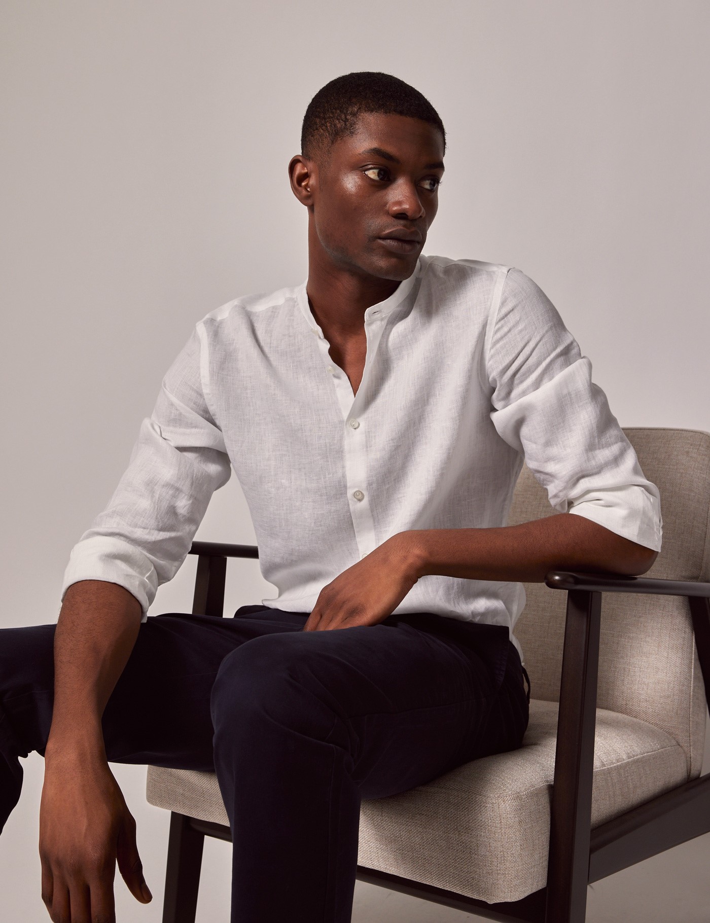 Men's White Linen Shirt - Grandad Collar| Hawes & Curtis