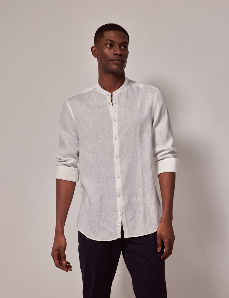 Men's White Linen Shirt - Grandad Collar| Hawes & Curtis